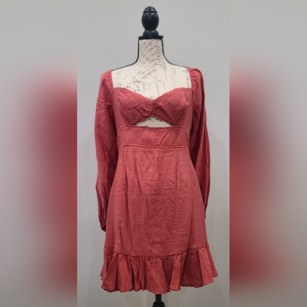 Selfie Leslie Rust Red Long Sleeve Mini Dress with Ruffle Hem